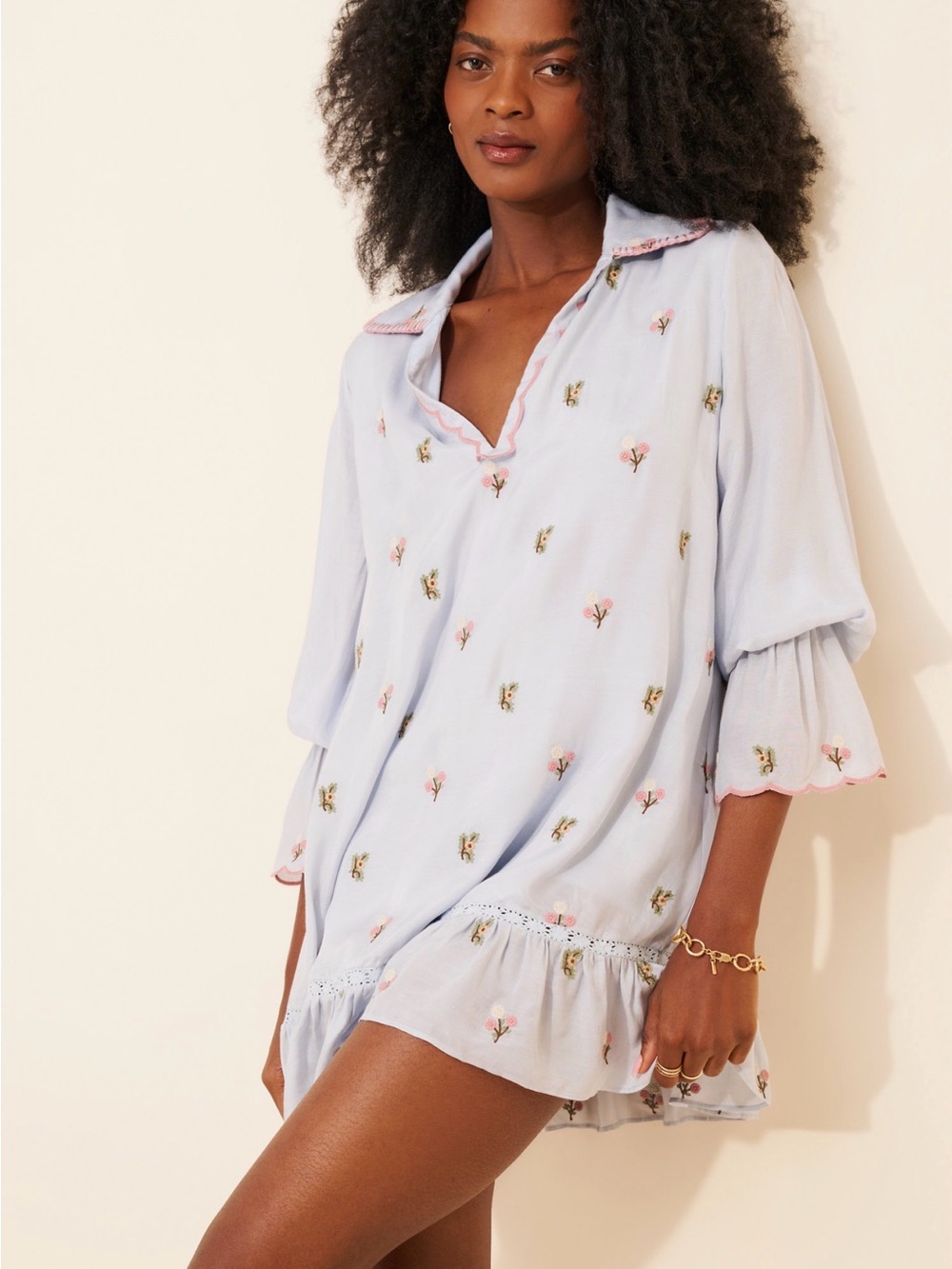 Anthropologie Light Blue Embroidered Mini Dress with Pink Accents